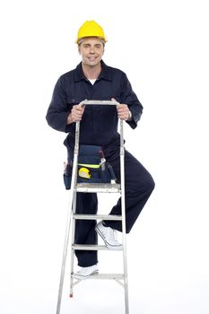 Its work time. Repairman climbing stepladder. All on white background