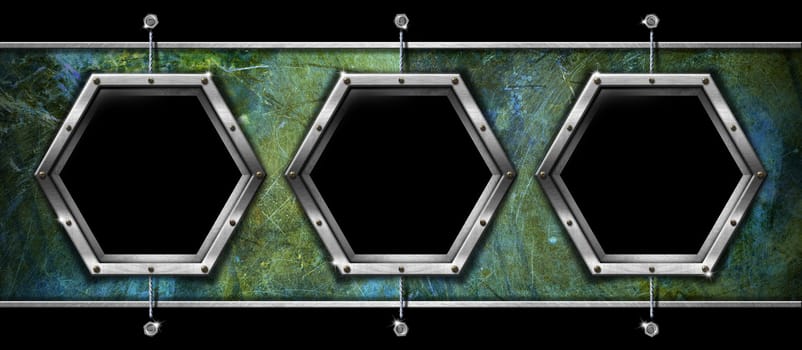 Horizontal and grunge background with three hexagonal metallic frames

