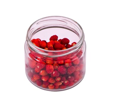 Small glass pot jar full of fresh healthy berry strawberries isolated on white background.
