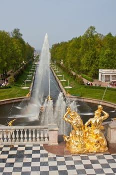 View of  fountain and  channel of  Lower Park, Peterhof, Russia.