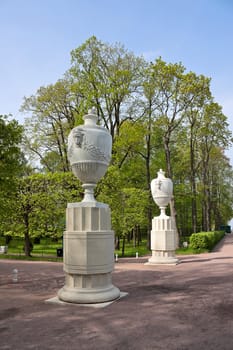 Sculptural vase in  alley in  Lower Park, Peterhof, Russia.