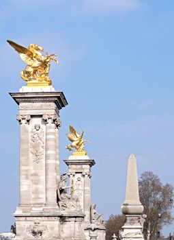 Panorama of Golden Horse Statue in Paris with Blue Sky