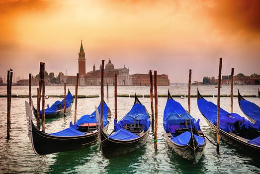 Gondolas moored by Saint Mark square with San Giorgio di Maggiore church in the background - Venice, Venezia, Italy, Europe 