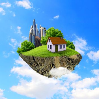 Little fine island / planet. A piece of land in the air. Lawn with house and tree. Pathway in the grass. Detailed ground in the base. Concept of success and happiness, idyllic ecological lifestyle