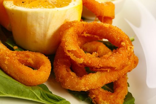 Delicious fried calamars with lemon and salad