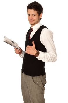 businessman thinking about a daily plan of action in his notebook