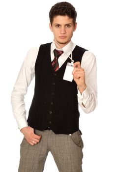 man showing his badge at the entrance of meeting room of a conference