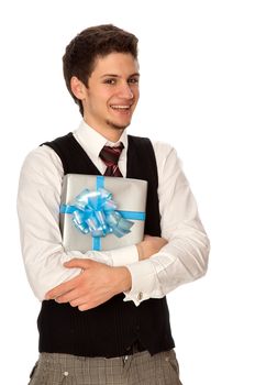happy seller holding in the hands the gray box with blue ribbon as a gift