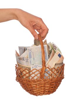 businesswoman owns the dual currency  basket with dollars and euro for stable business
