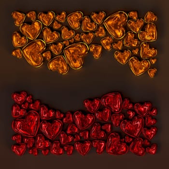 red and orange glass hearts in the shape of wave on dark background