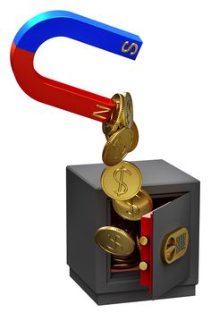 Magnet extracting gold coins as a symbol of funds confiscation from the troubled banks accounts