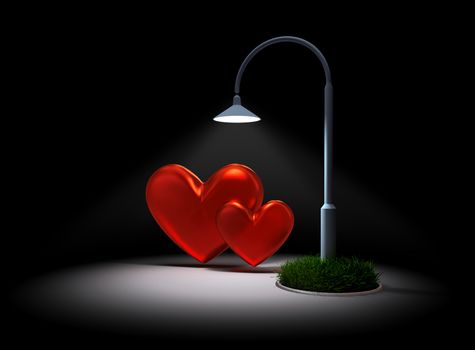 Two red hearts met together for a romantic night under a street lamp as a symbol of the meeting of two lovers