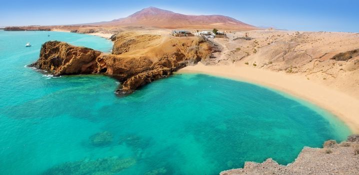 Lanzarote Papagayo turquoise beach and Ajaches in Canary Islands