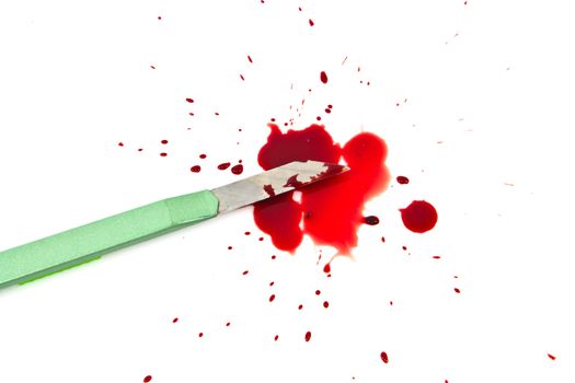 Green cutter knives and blood on white background