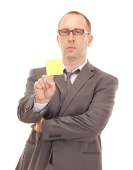 Business person showing removable note