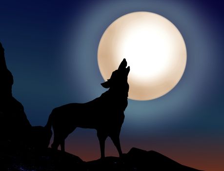 Wolf howling over the full moon