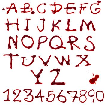 Letters A-Z and 1-10 dripping with blood on white background