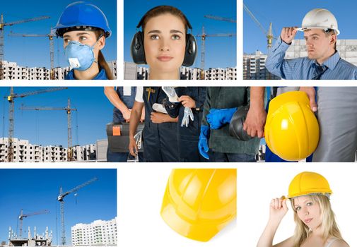 workers with equipment on building background sets