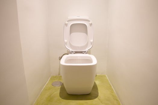 watercloset in white bathroom with green floor