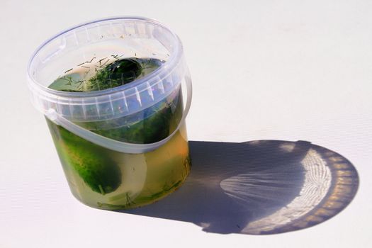 Beautiful, delicious cucumber in brine on a light background