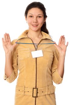 woman showing her badge at the entrance of meeting room