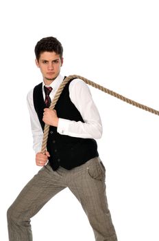 strong-willed man pulling of a rope and wins as a symbol of success