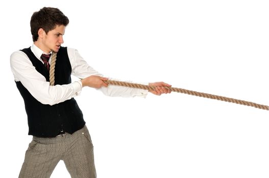 strong-willed man pulling of a rope and wins as a symbol of success