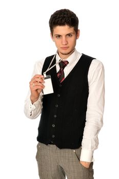 man showing his badge at the entrance of meeting room of a conference