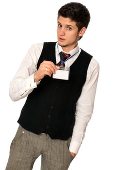 man showing his badge at the entrance of meeting room of a conference