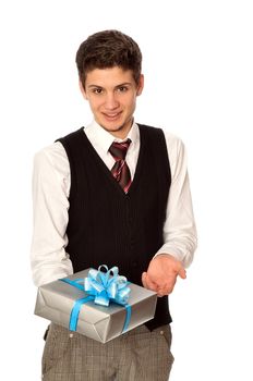 happy man holding in the hands the gray box with blue ribbon as a gift