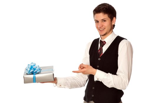 happy man holding in the hands the gray box with blue ribbon as a gift