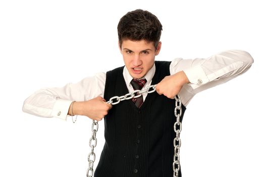 businessman breaking the chain by hands for liberation as a symbol of work captivity
