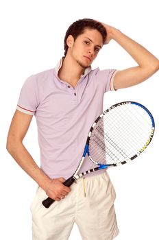 man with racket concentrated on playing tennis and preparing for the ball serving