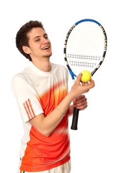 man with racket concentrated on playing tennis and preparing for the ball serving