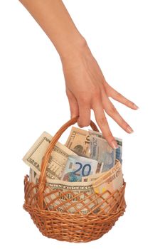 businesswoman owns the dual currency  basket with dollars and euro for stable business
