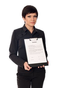 General director showing a contract for her partner