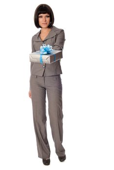 Woman holding a grey box with blue bow as a present