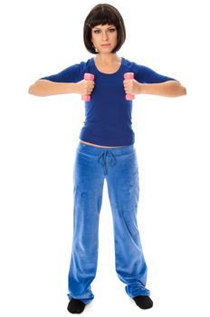 instructor showing to people exercises using dumbbells at gym