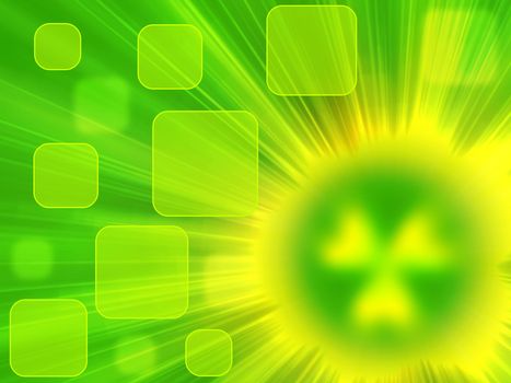 green background with rays of light and a source of radiation in the form of a blurred symbol of radiation