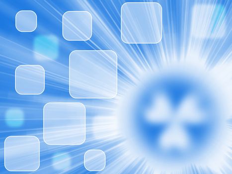 Blue background with rays of light and a source of radiation in the form of a blurred symbol of radiation