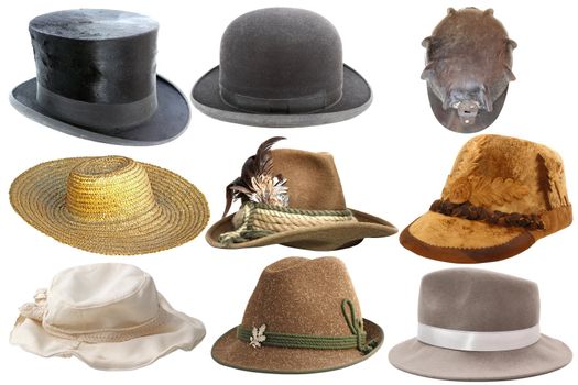 collection of different types of hats isolated on white background