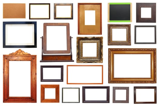 large collection of different types of wooden frames isolated on white background