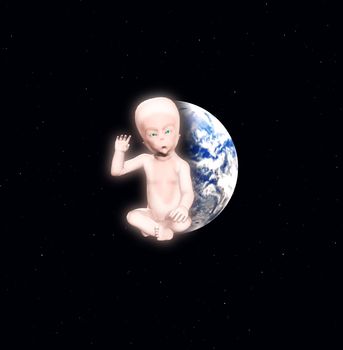 An alien star child against the Earth.