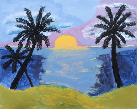 A painting of tropical sunset landscape