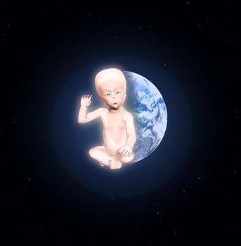 An alien star child against the Earth.