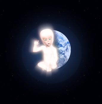 An alien star child against the Earth.