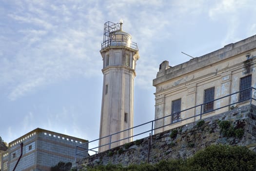 Lighthouse on Alcatraz Island Against Blue Sky in San Francisco California