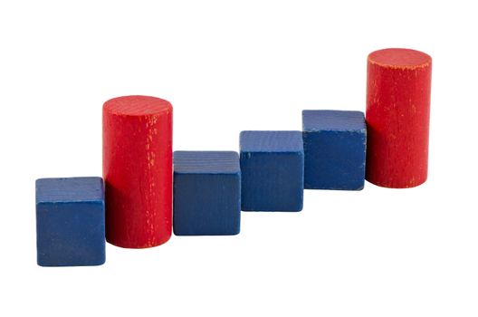 Red blue color wooden toy log brick chart graphic concept isolated on white.