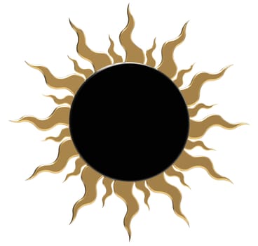 Black sun with golden rays, isolated on white, 3d render