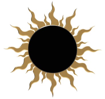 Black sun with golden rays, isolated on white, 3d render